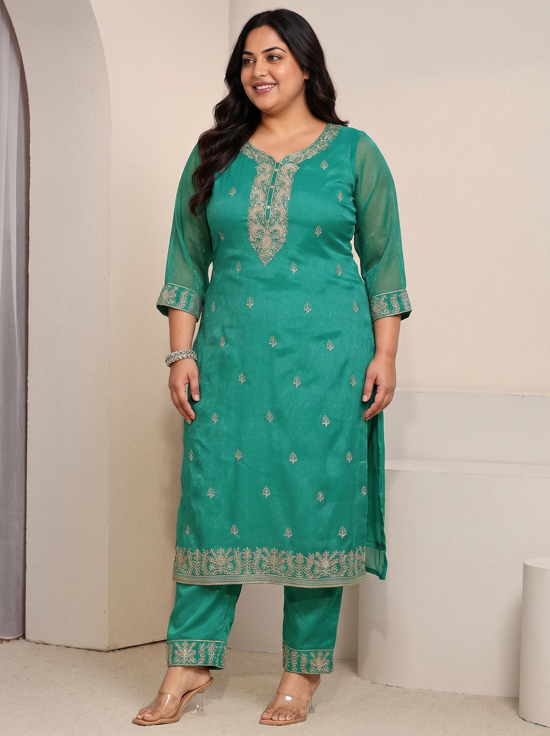 Plus Size Sea Green Floral Embroidered Chinon Straight Suit Set