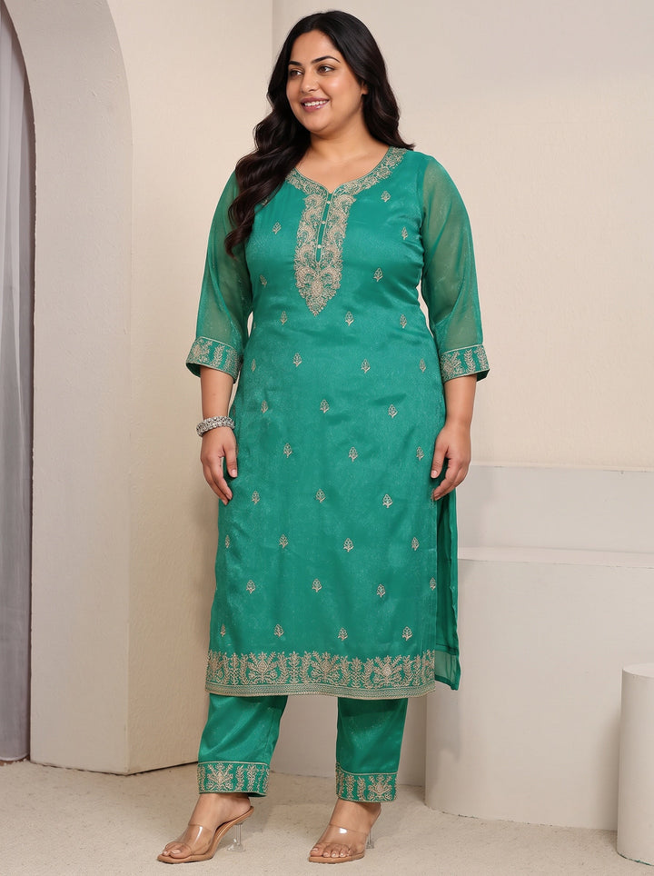 Plus Size Sea Green Floral Embroidered Chinon Straight Suit Set