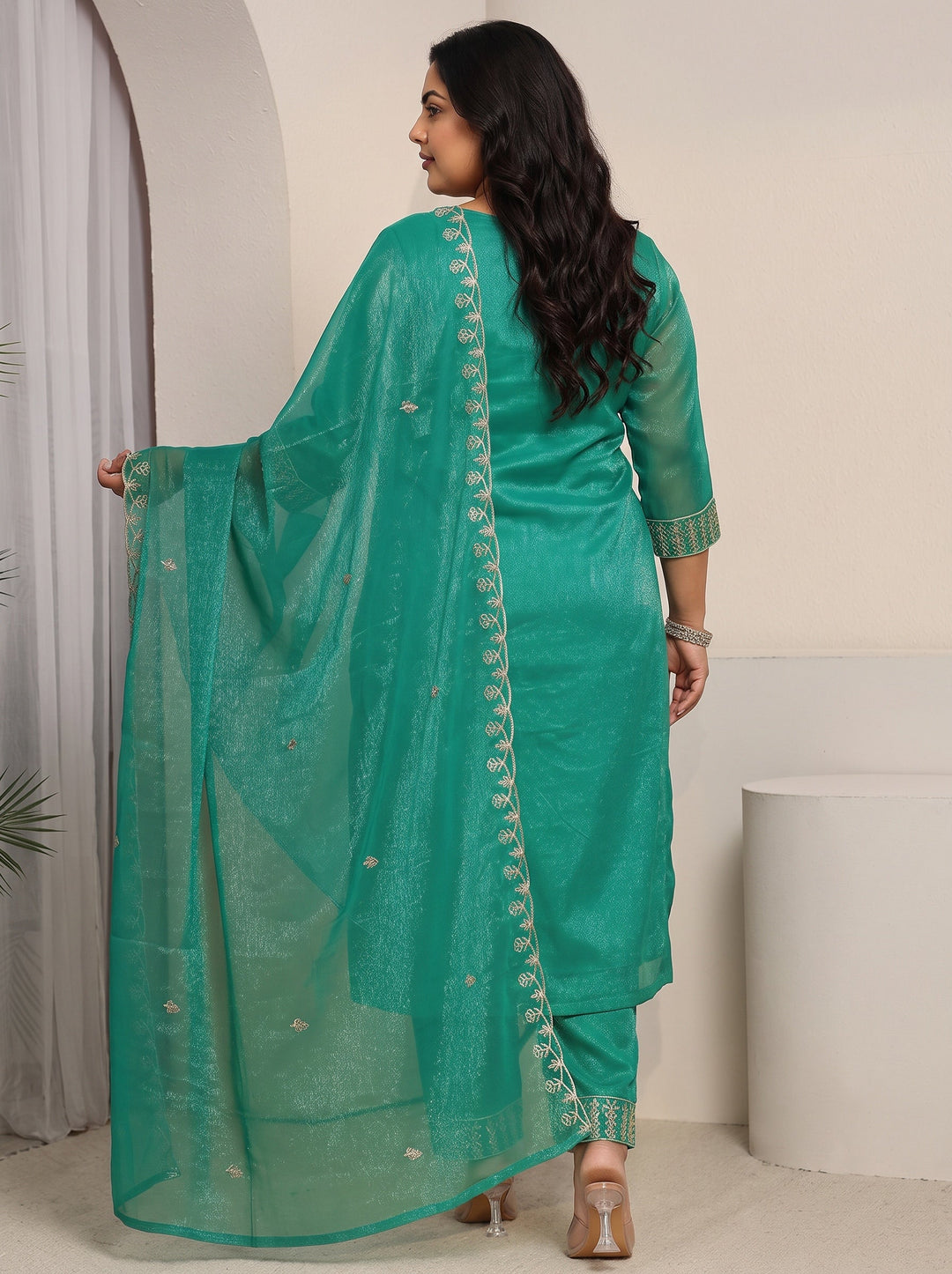 Plus Size Sea Green Floral Embroidered Chinon Straight Suit Set