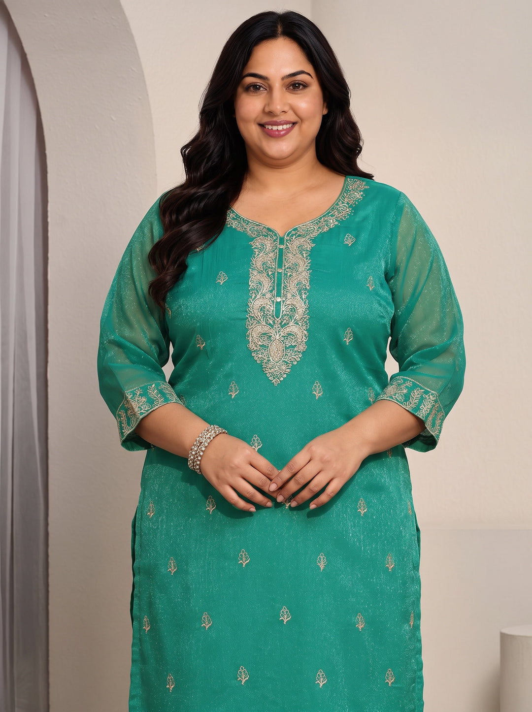 Plus Size Sea Green Floral Embroidered Chinon Straight Suit Set
