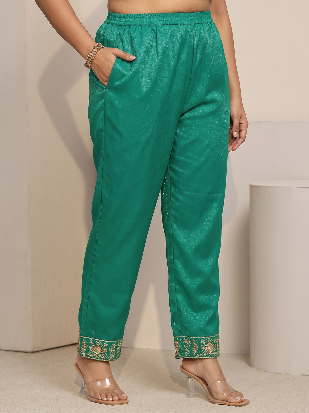 Plus Size Sea Green Floral Embroidered Chinon Straight Suit Set