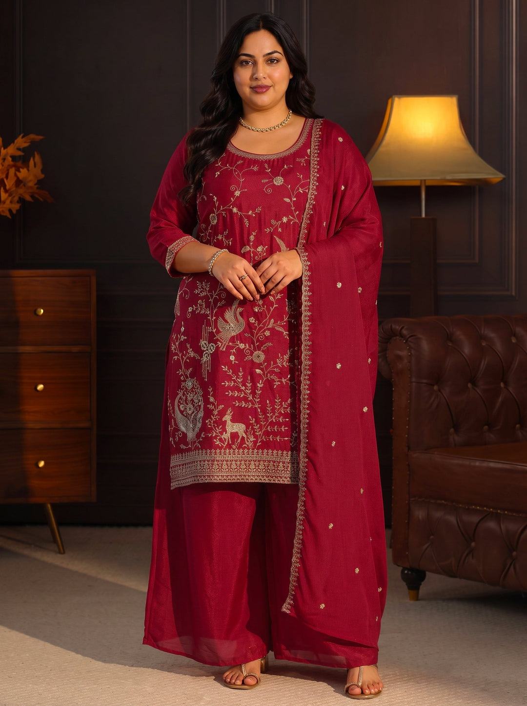 Plus Size Ruby Red Floral Embroidered Chinon Palazzo Suit Set