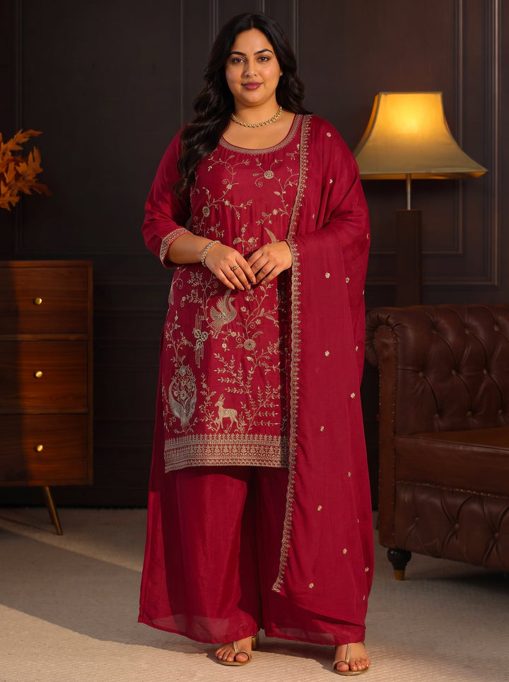Plus Size Ruby Red Floral Embroidered Chinon Palazzo Suit Set