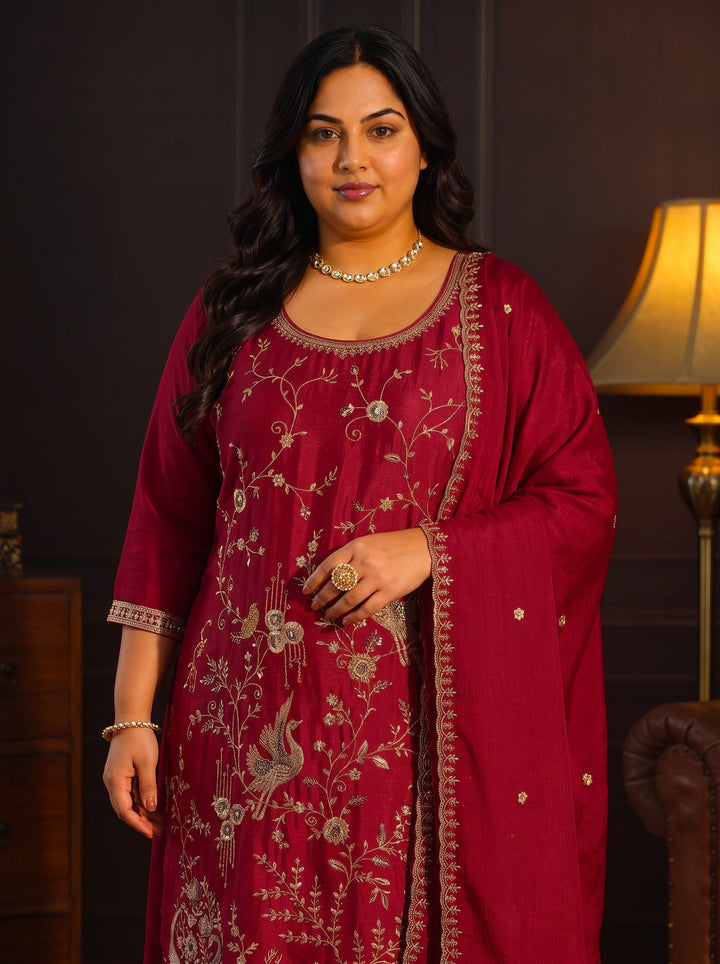 Plus Size Ruby Red Floral Embroidered Chinon Palazzo Suit Set