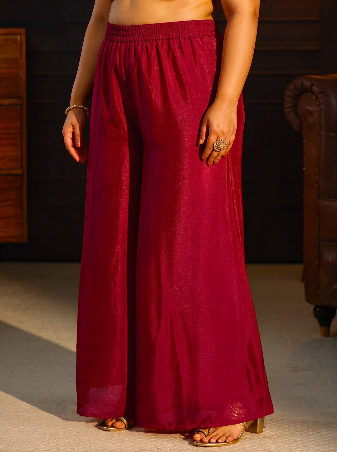 Plus Size Ruby Red Floral Embroidered Chinon Palazzo Suit Set