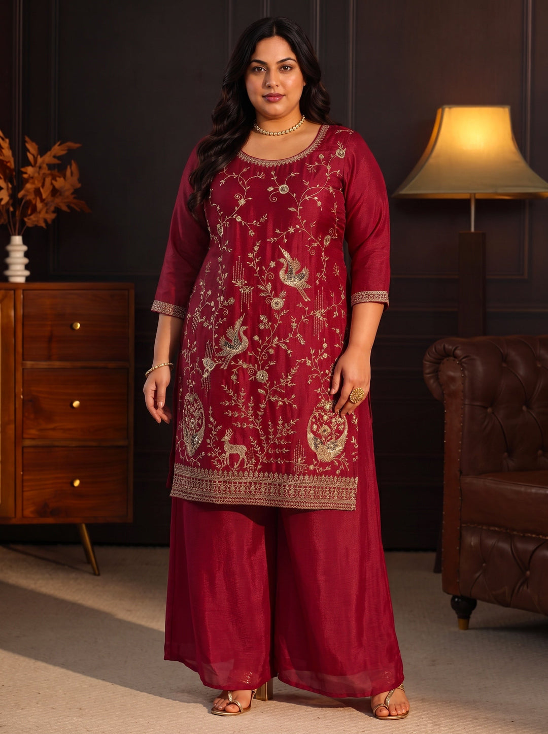 Plus Size Ruby Red Floral Embroidered Chinon Palazzo Suit Set