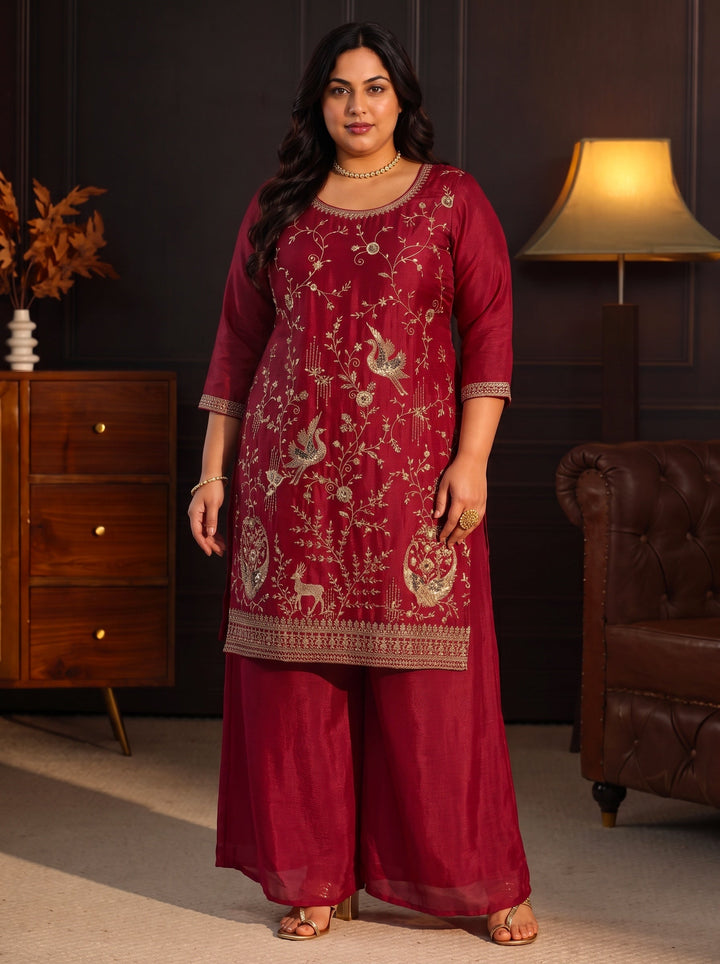 Plus Size Ruby Red Floral Embroidered Chinon Palazzo Suit Set