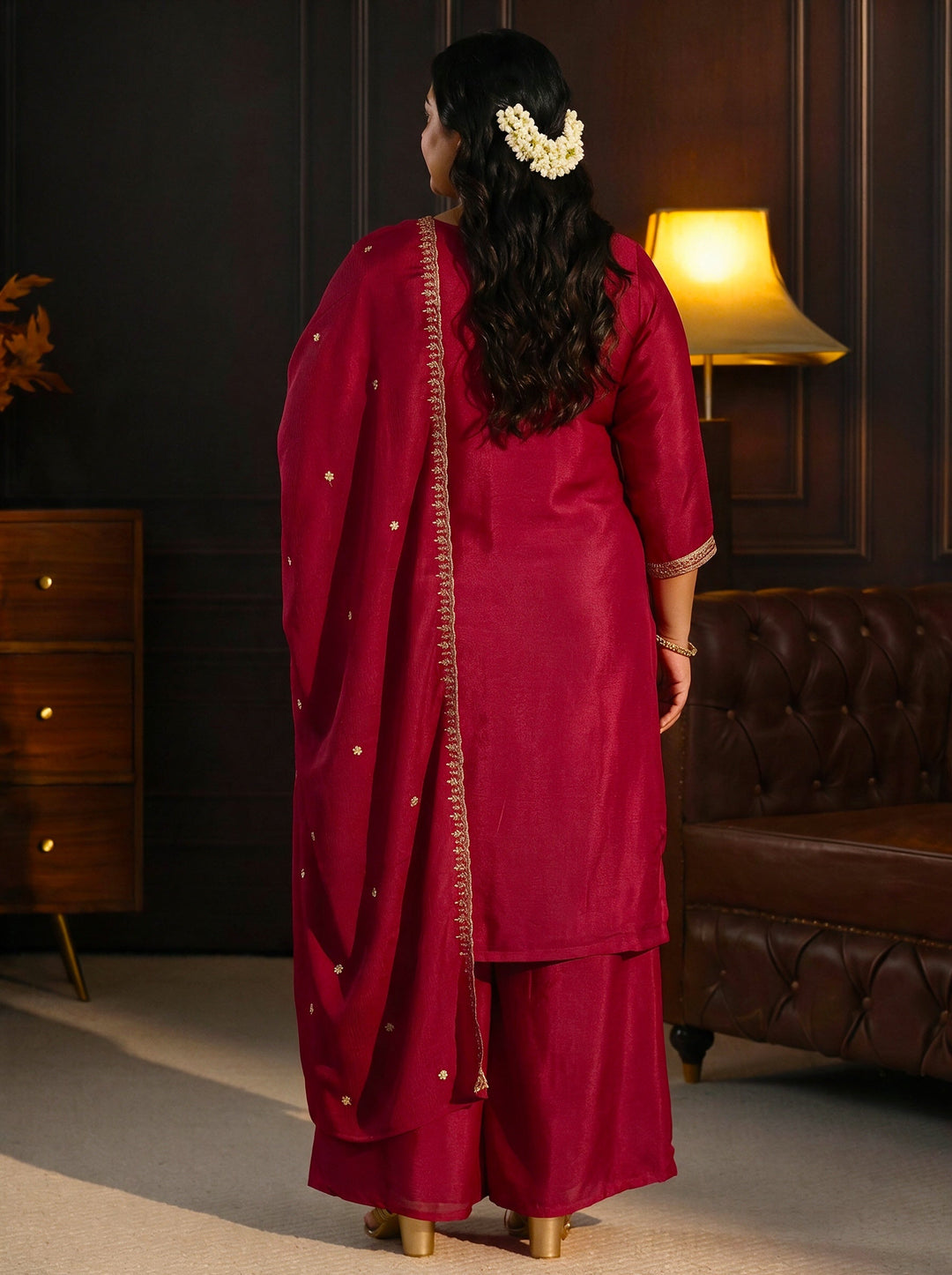 Plus Size Ruby Red Floral Embroidered Chinon Palazzo Suit Set