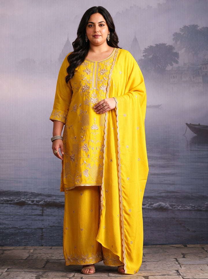 Plus Size Yellow Floral Embroidered Chinon Palazzo Suit Set