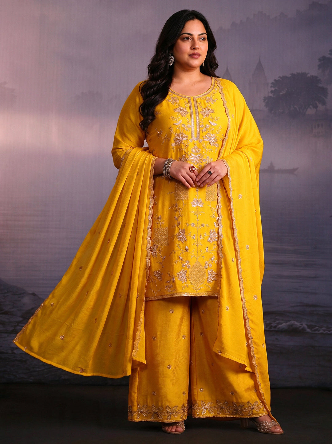 Plus Size Yellow Floral Embroidered Chinon Palazzo Suit Set