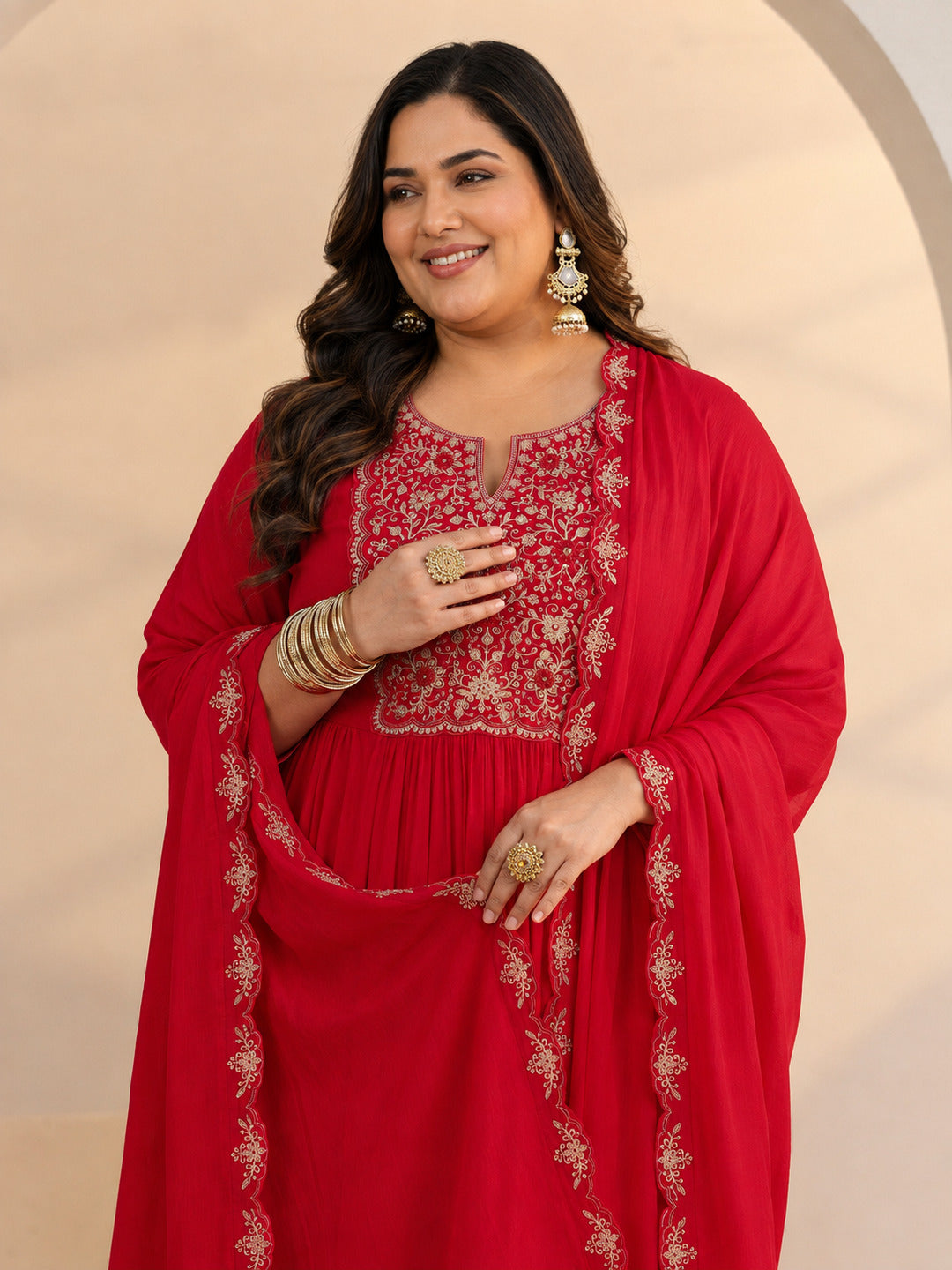 Plus Size Red Floral Embellished Chanderi Cotton A-Line Suit Set