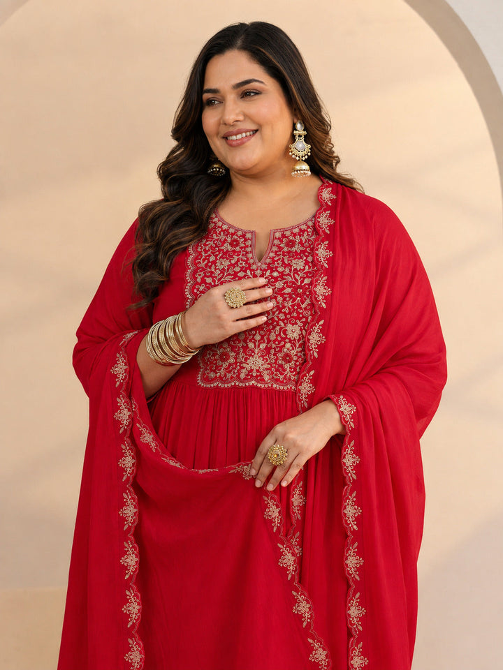 Plus Size Red Floral Embellished Chanderi Cotton A-Line Suit Set