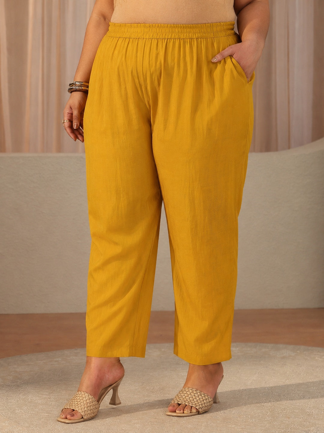 Plus Size Yellow Floral Chanderi Cotton A-line Suit Set