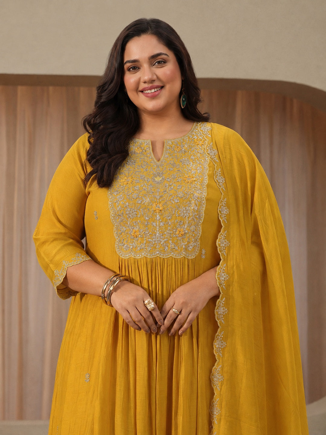 Plus Size Yellow Floral Chanderi Cotton A-line Suit Set