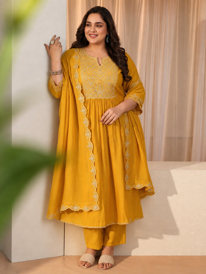 Plus Size Yellow Floral Chanderi Cotton A-line Suit Set