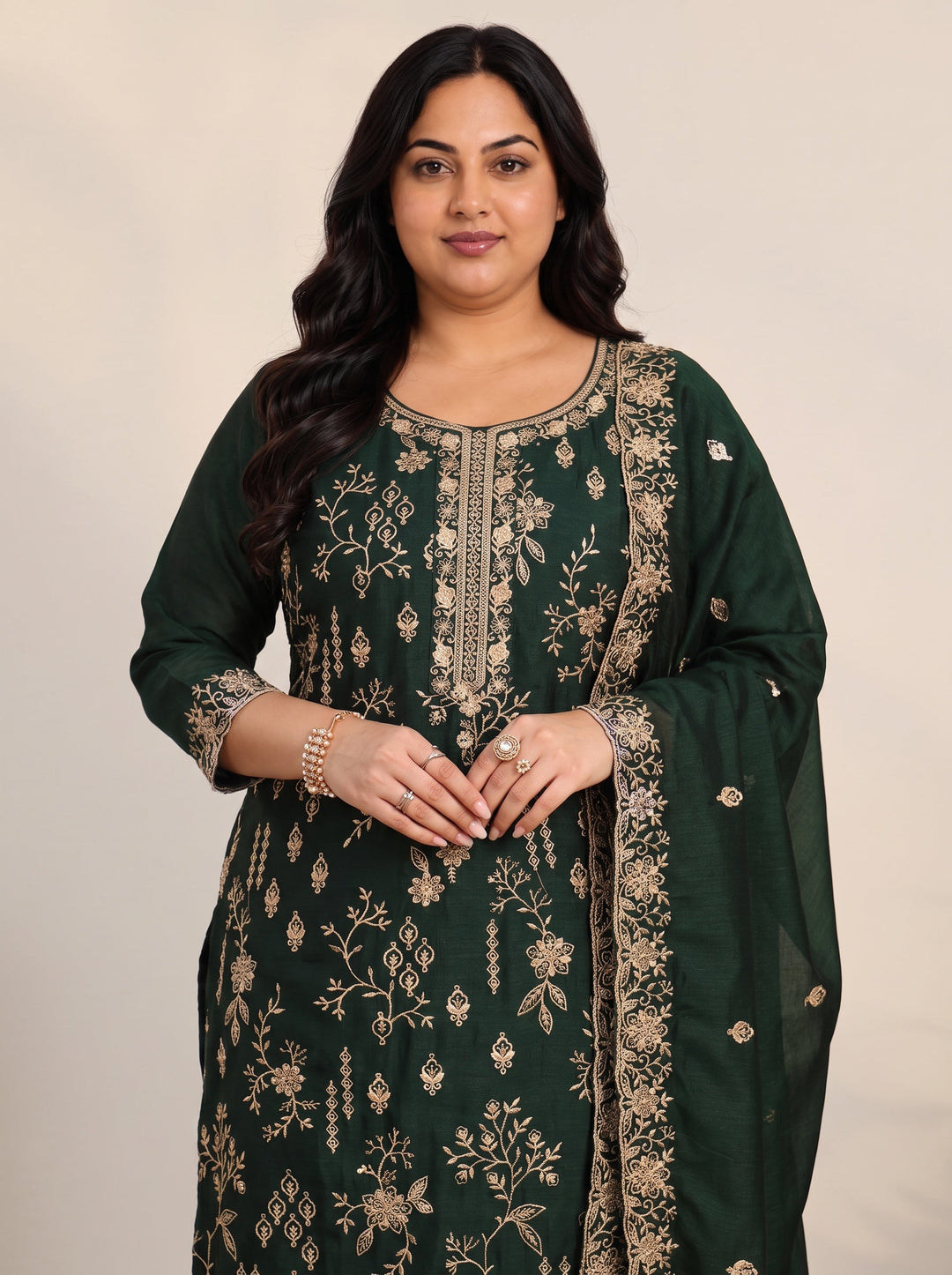 Plus Size Dark Green Floral Embroidered Silk Blend Straight Suit Set