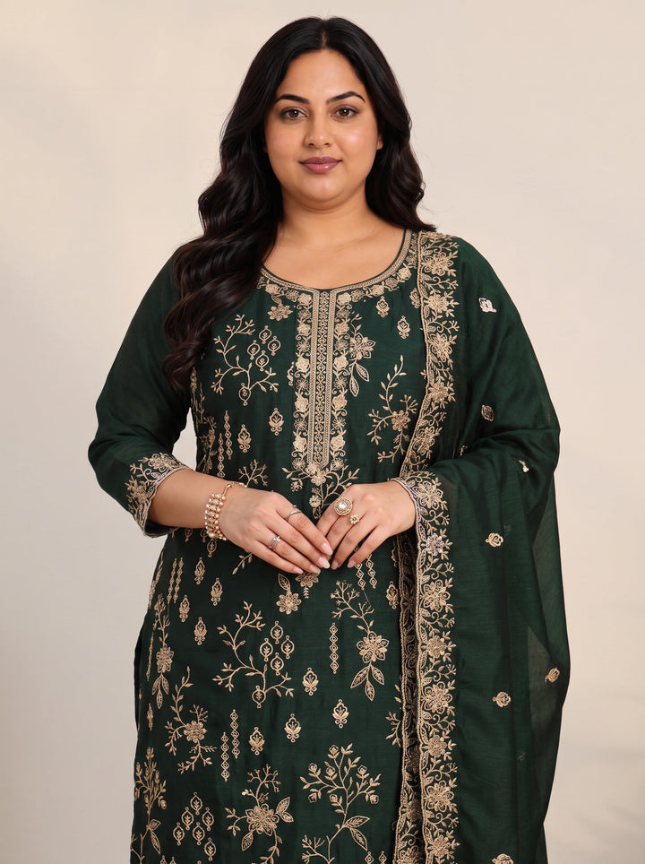 Plus Size Dark Green Floral Embroidered Silk Blend Straight Suit Set