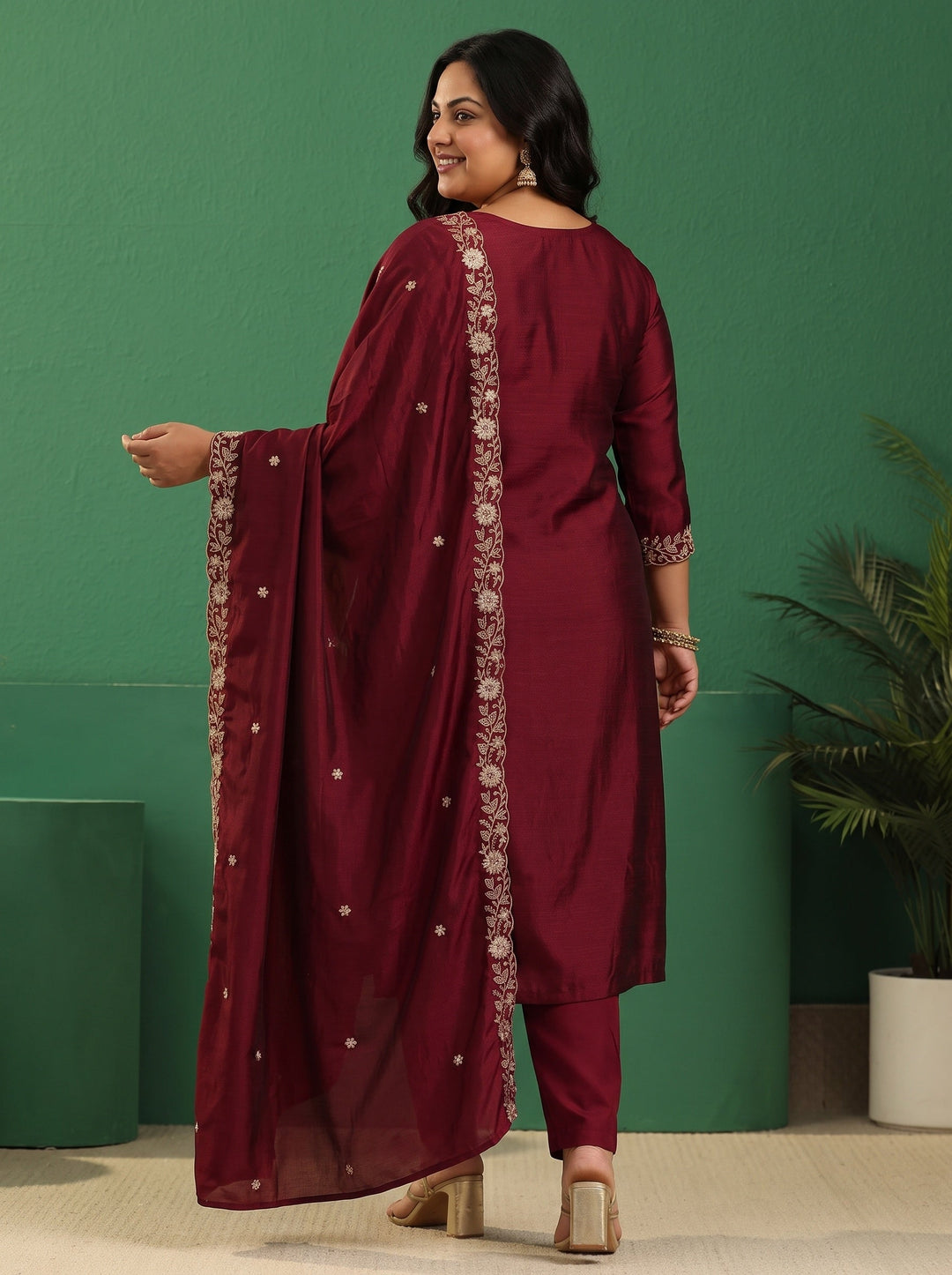 Plus Size Maroon Red Floral Embellished Silk Blend Straight Suit Set