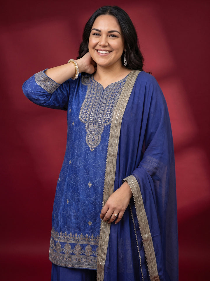 Plus Size Blue Bandhani Printed Silk Blend Palazzo Suit Set