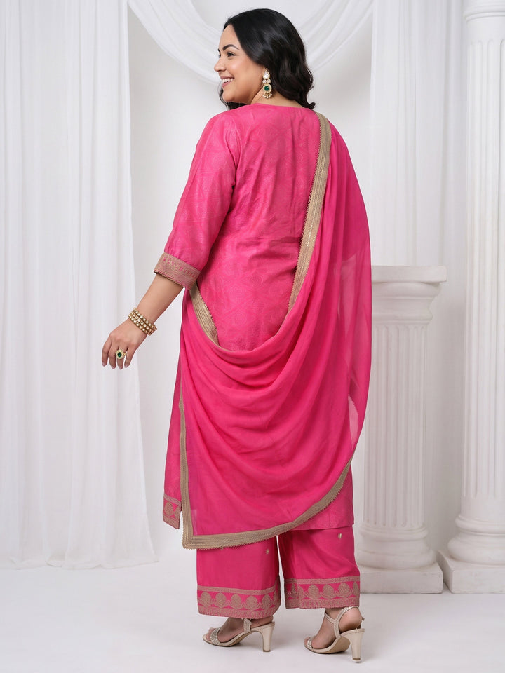 Plus Size Pink Bandhani Printed Silk Blend Palazzo Suit Set