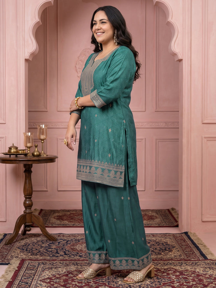 Plus Size Green Bandhani Printed Silk Blend Palazzo Suit Set