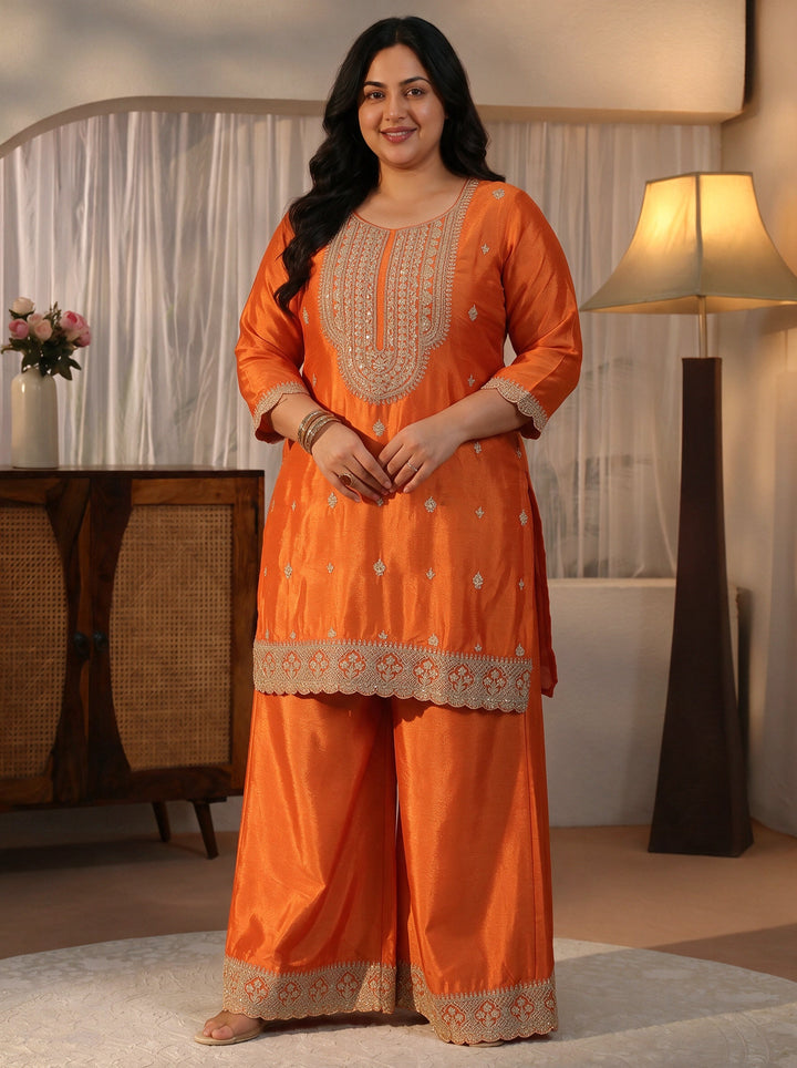 Plus Size Orange Yoke Design Embroidered Chinon Palazzo Suit Set