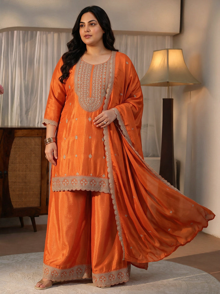 Plus Size Orange Yoke Design Embroidered Chinon Palazzo Suit Set