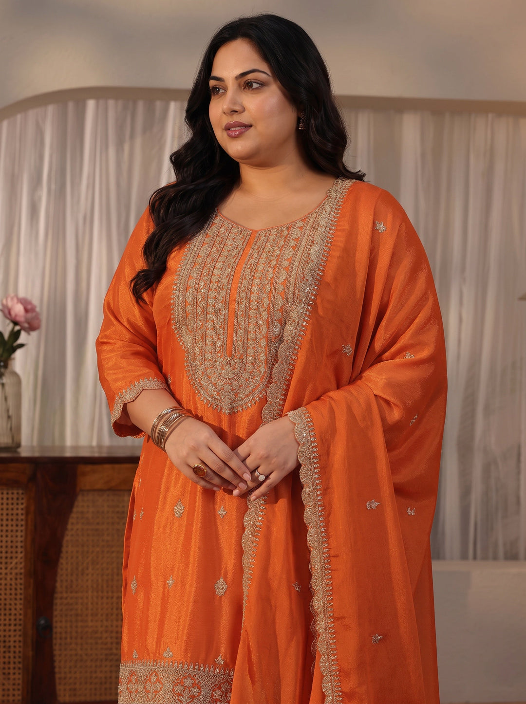 Plus Size Orange Yoke Design Embroidered Chinon Palazzo Suit Set