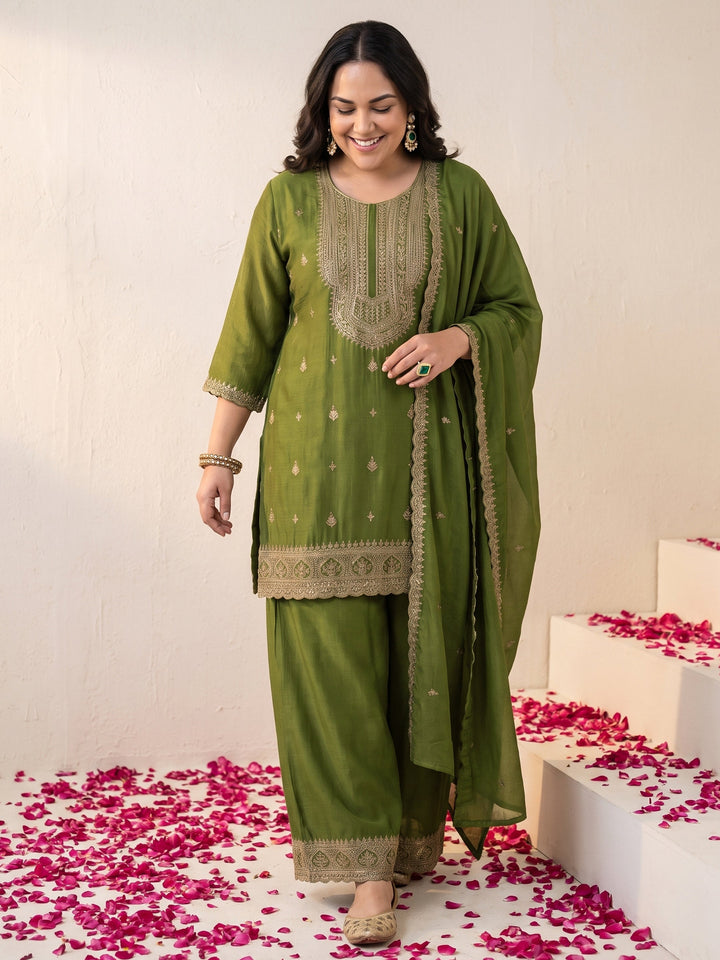 Plus Size Green Ethnic Embroidered Chinon Palazzo Suit Set