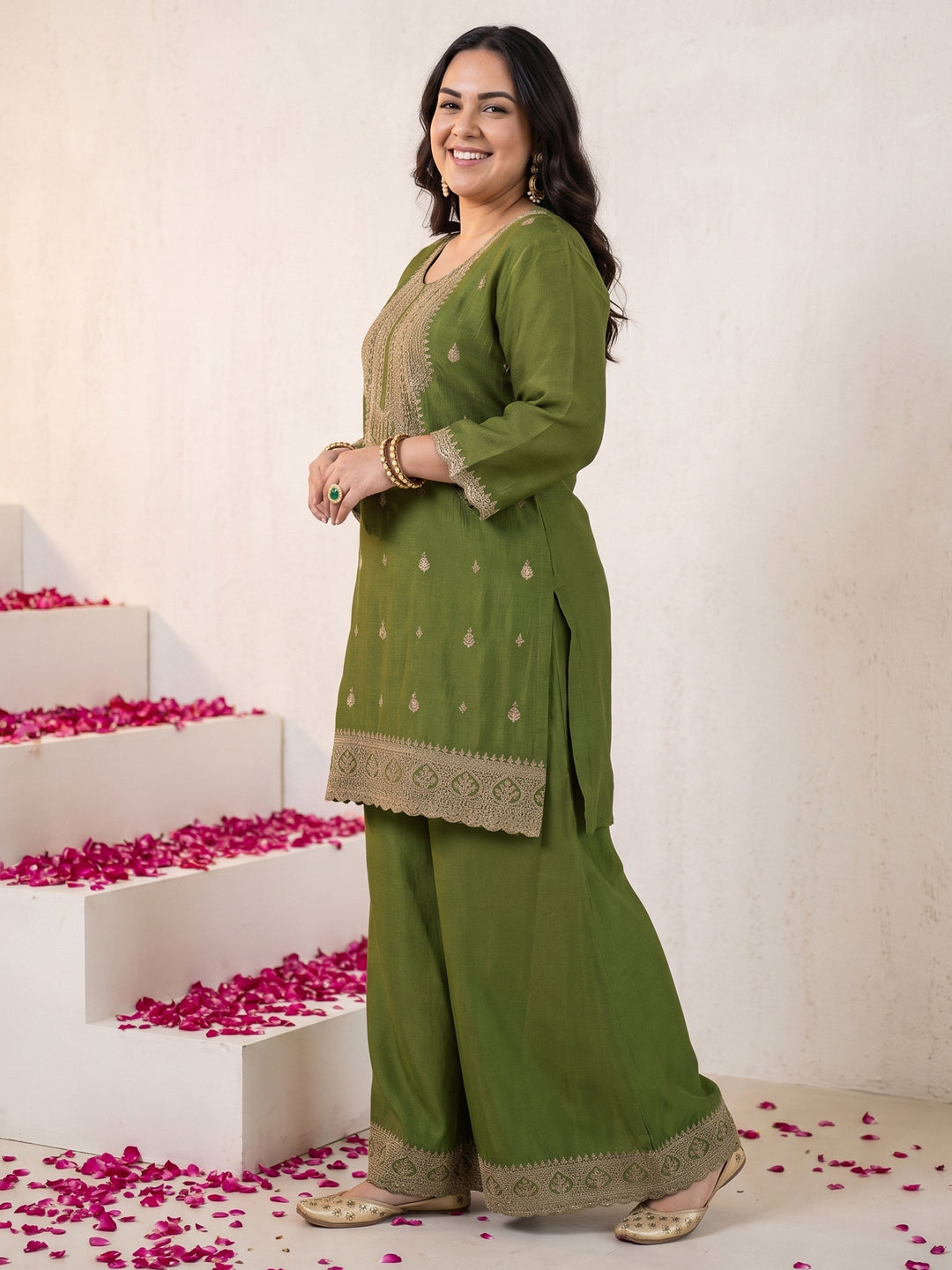 Plus Size Green Ethnic Embroidered Chinon Palazzo Suit Set