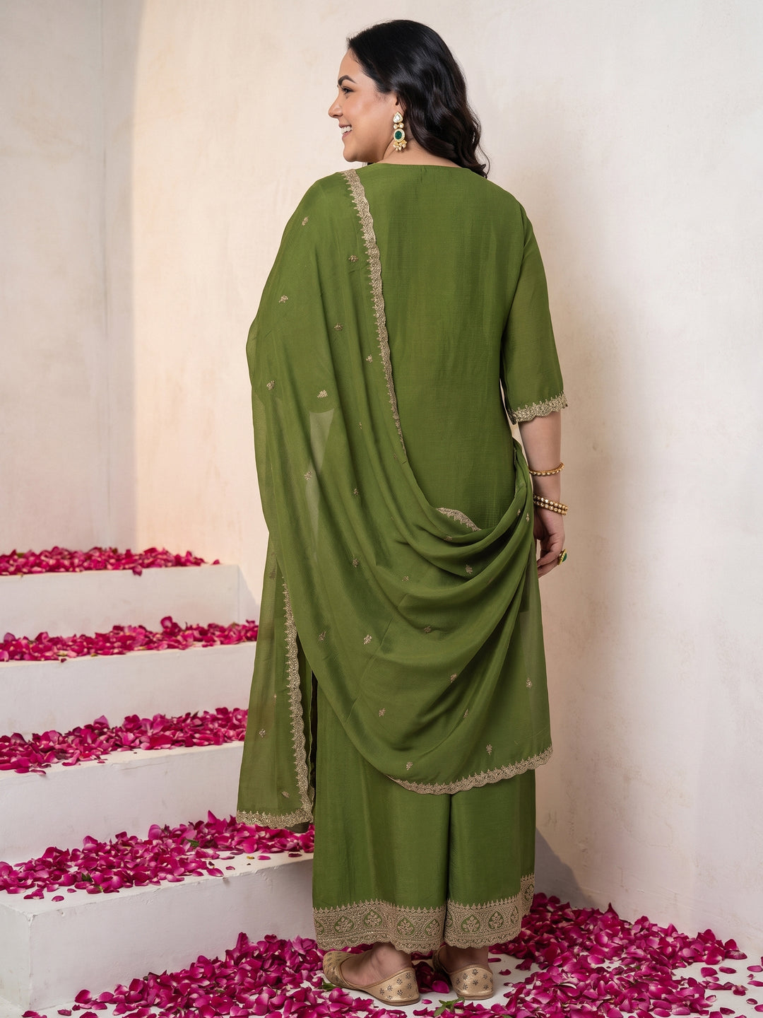 Plus Size Green Ethnic Embroidered Chinon Palazzo Suit Set