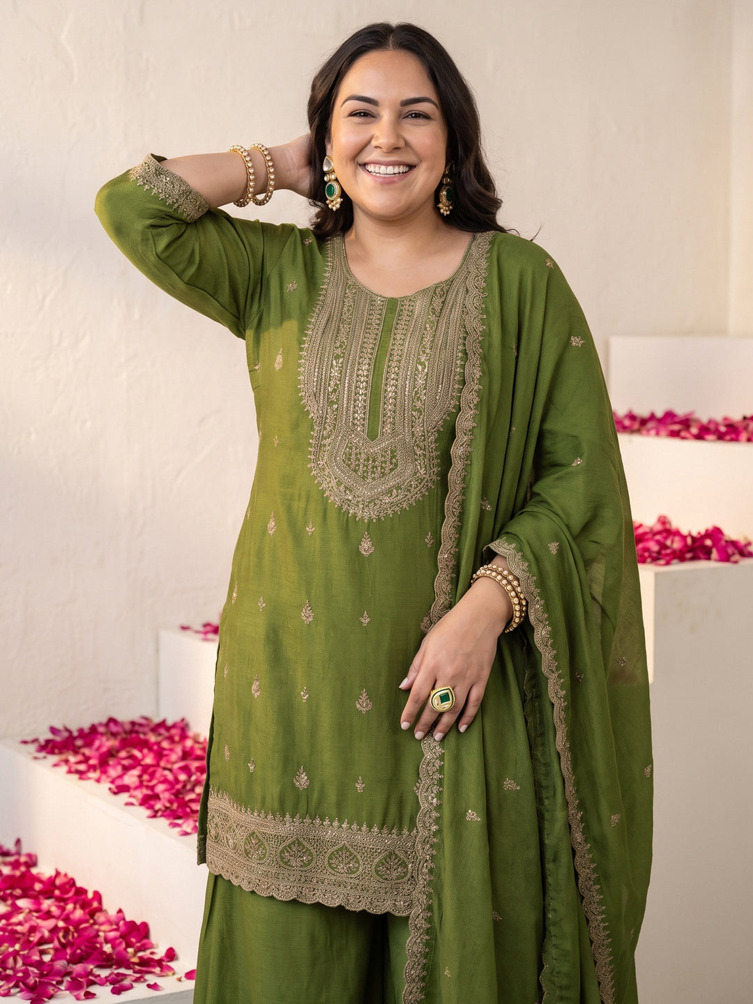 Plus Size Green Ethnic Embroidered Chinon Palazzo Suit Set