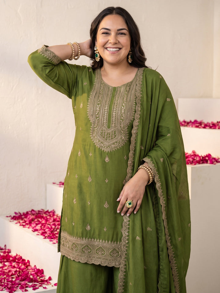Plus Size Green Ethnic Embroidered Chinon Palazzo Suit Set