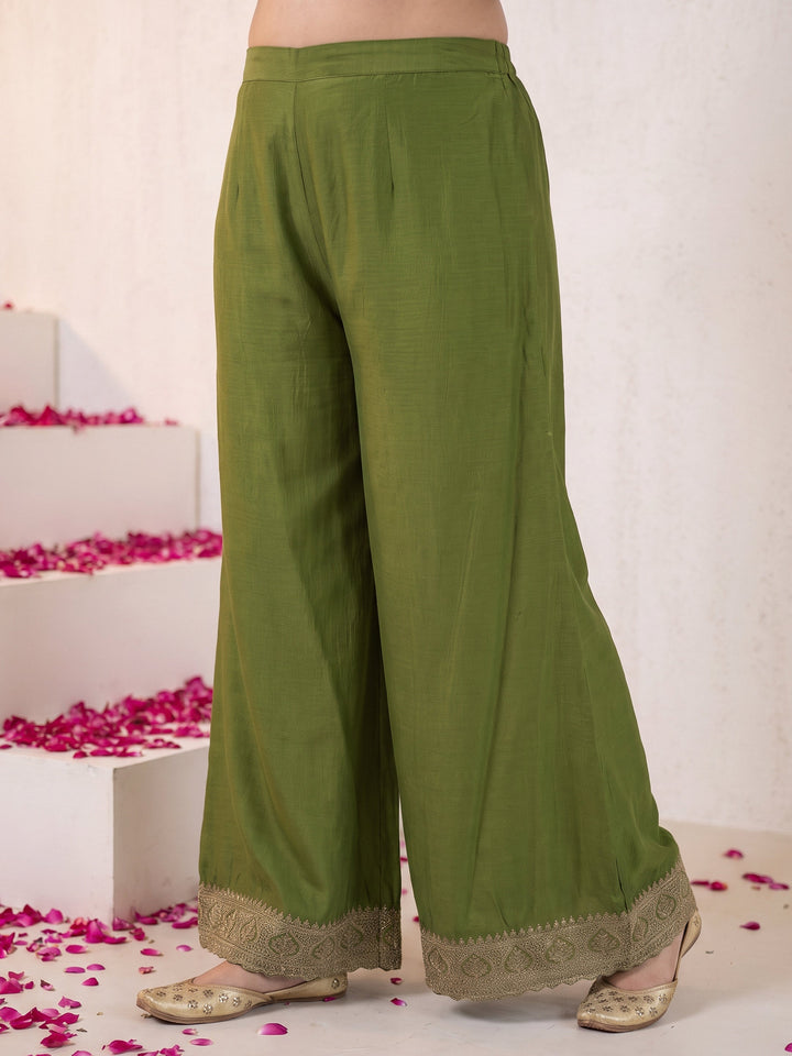 Plus Size Green Ethnic Embroidered Chinon Palazzo Suit Set