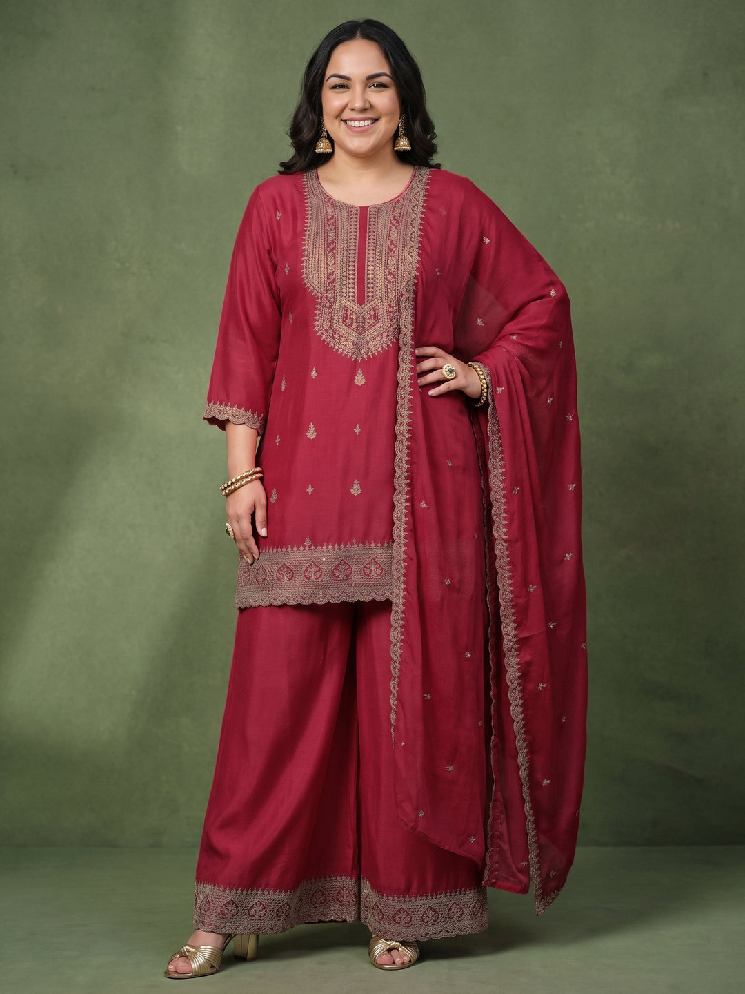 Plus Size Red Ethnic Embroidered Chinon Palazzo Suit Set