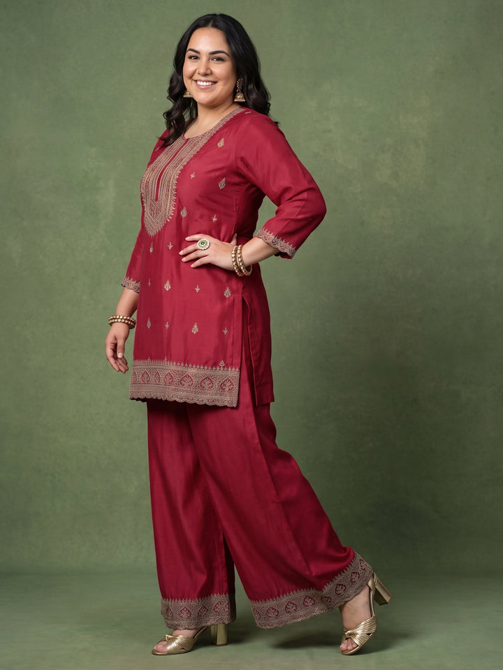 Plus Size Red Ethnic Embroidered Chinon Palazzo Suit Set