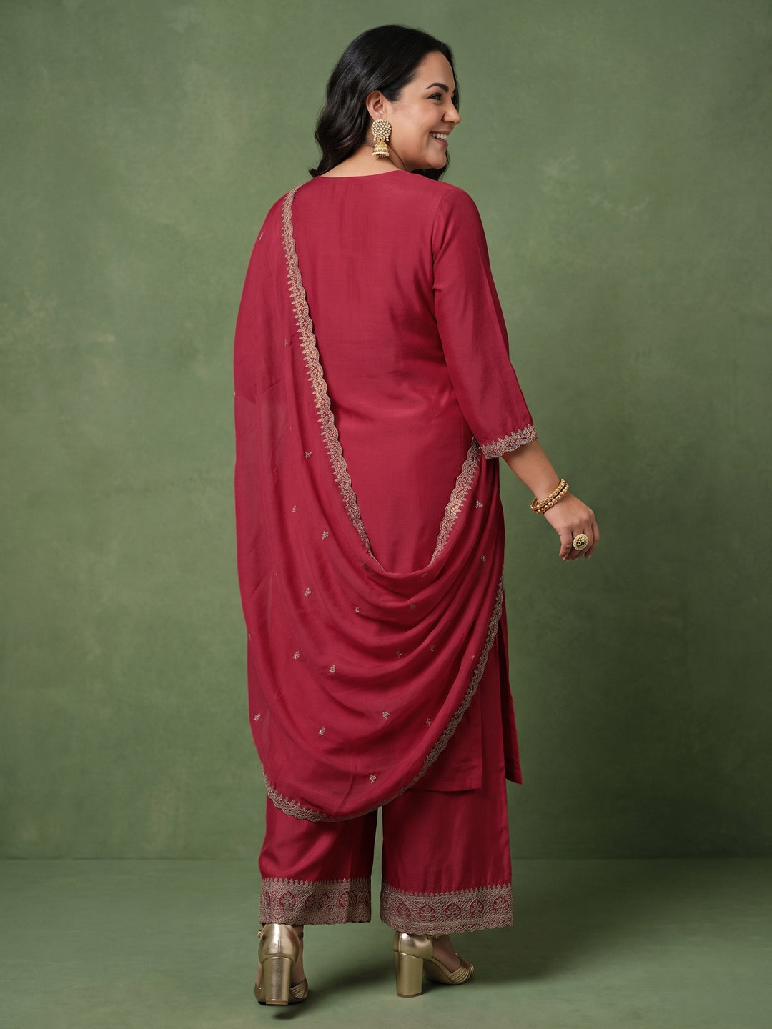 Plus Size Red Ethnic Embroidered Chinon Palazzo Suit Set