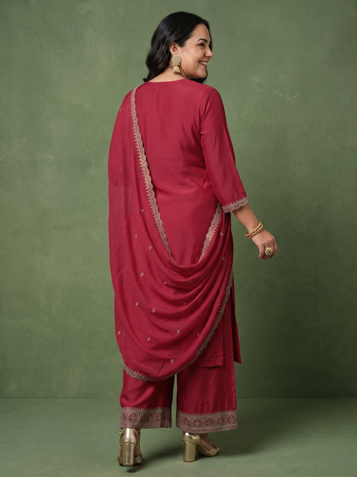 Plus Size Red Ethnic Embroidered Chinon Palazzo Suit Set