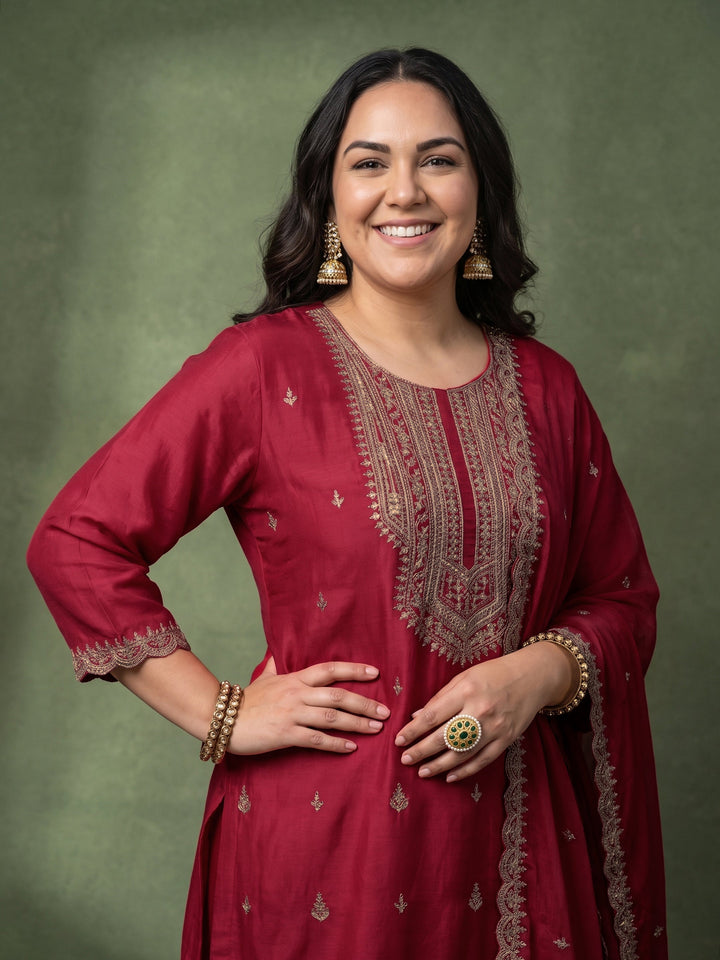 Plus Size Red Ethnic Embroidered Chinon Palazzo Suit Set