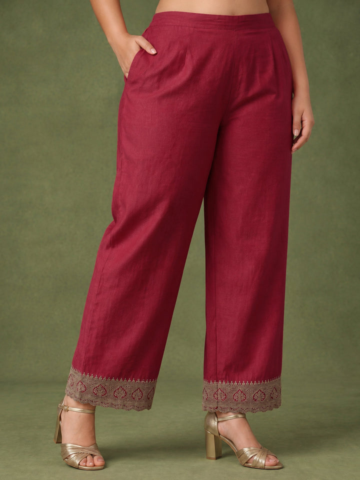 Plus Size Red Ethnic Embroidered Chinon Palazzo Suit Set