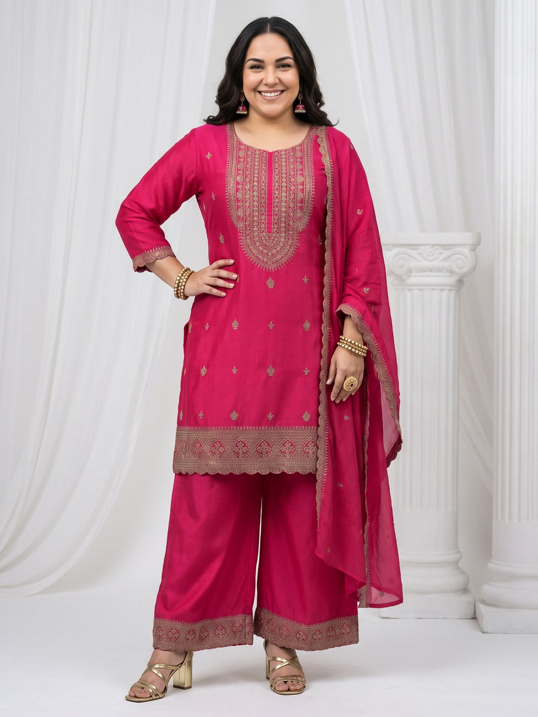 Plus Size Pink Ethnic Embroidered Chinon Palazzo Suit Set