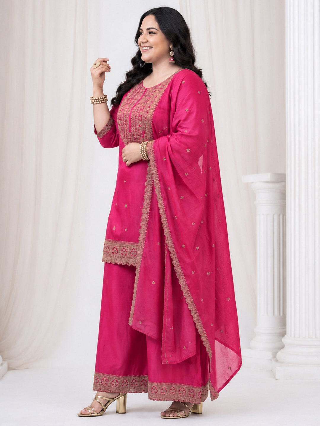 Plus Size Pink Ethnic Embroidered Chinon Palazzo Suit Set