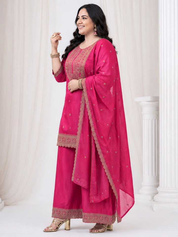 Plus Size Pink Ethnic Embroidered Chinon Palazzo Suit Set