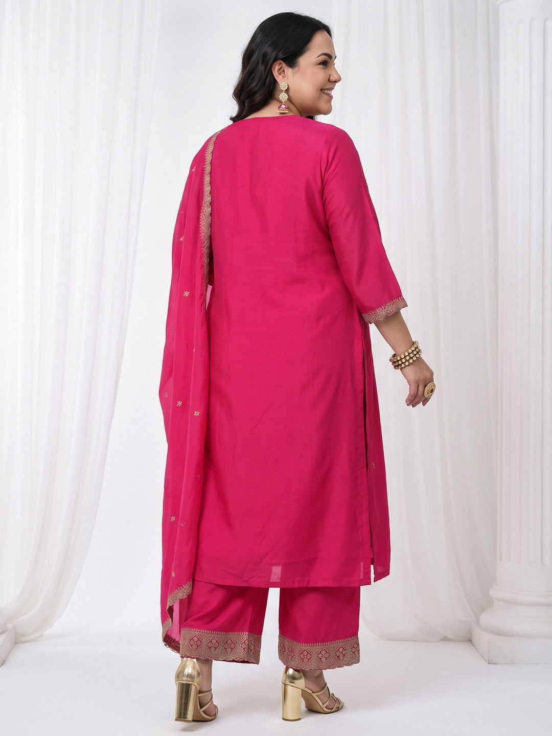 Plus Size Pink Ethnic Embroidered Chinon Palazzo Suit Set