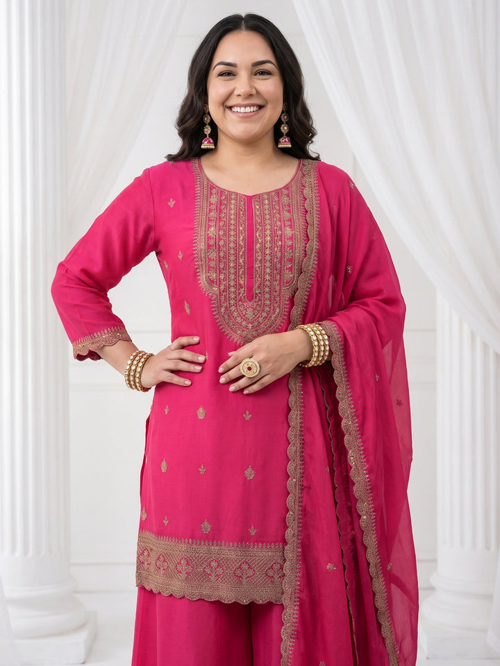 Plus Size Pink Ethnic Embroidered Chinon Palazzo Suit Set