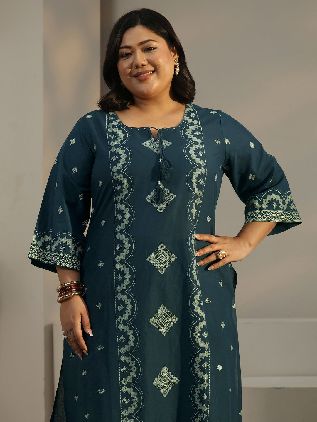 Plus Size Midnight Blue Printed Cotton A-line Suit Set