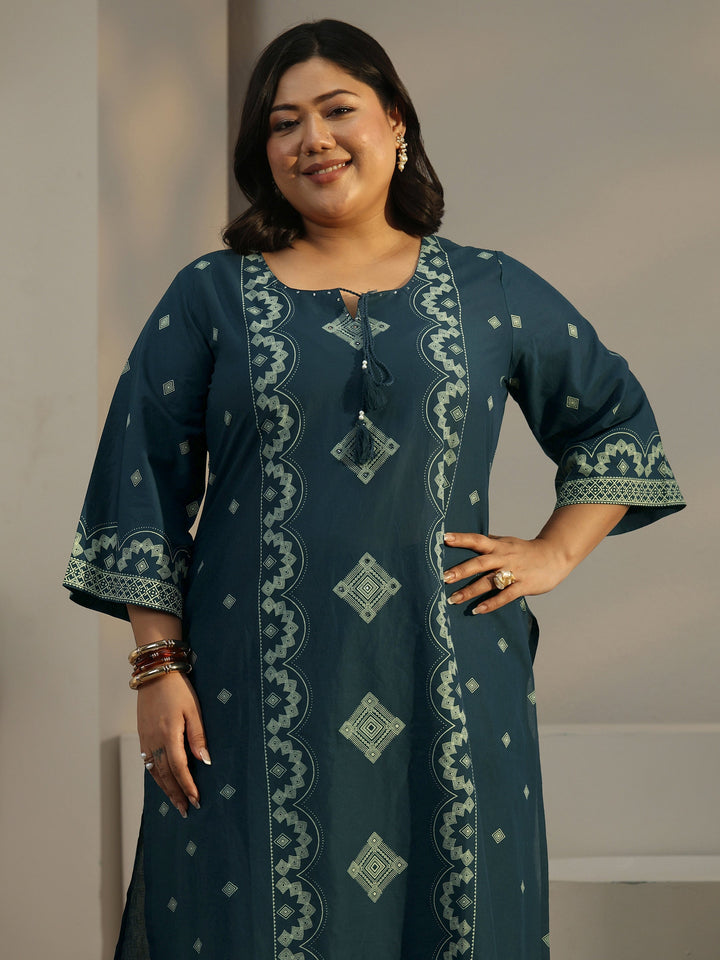 Plus Size Midnight Blue Printed Cotton A-line Suit Set