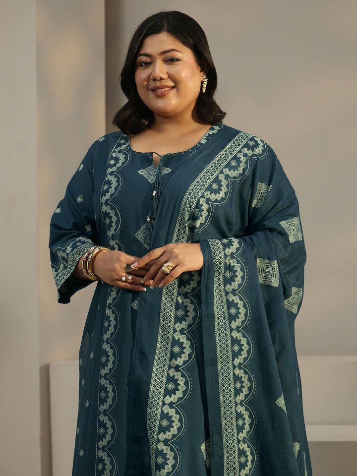 Plus Size Midnight Blue Printed Cotton A-line Suit Set