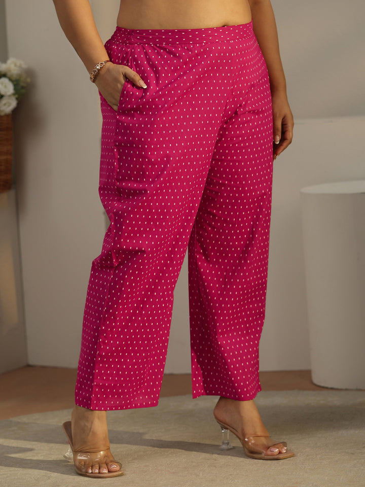 Plus Size Rose Pink Printed Cotton A-line Suit Set