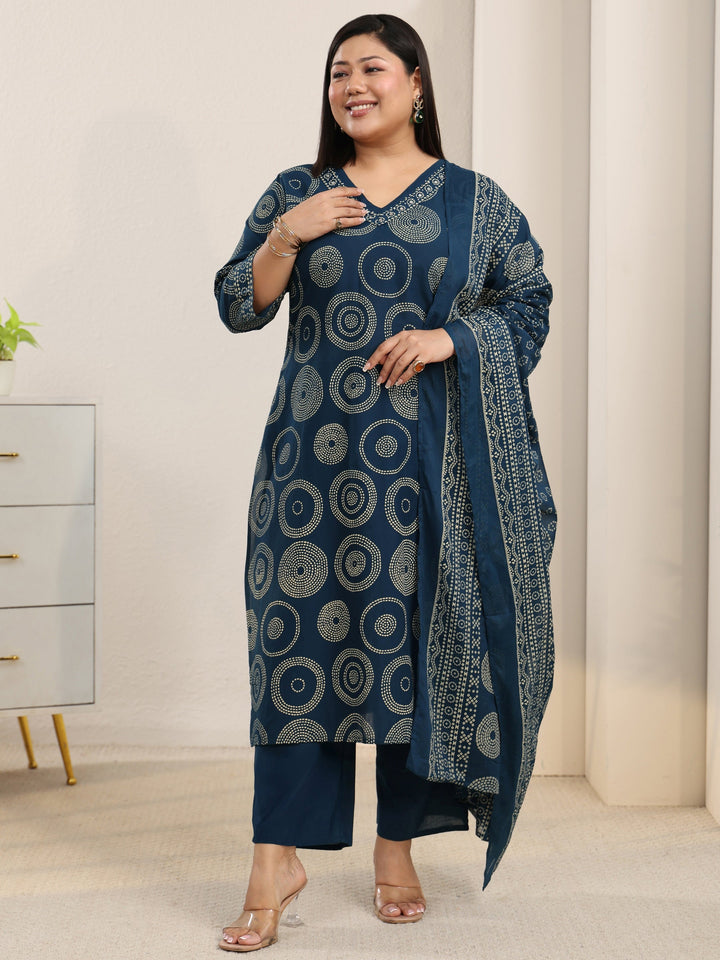 Plus Size Teal Blue Circular Print Cotton Straight Suit Set